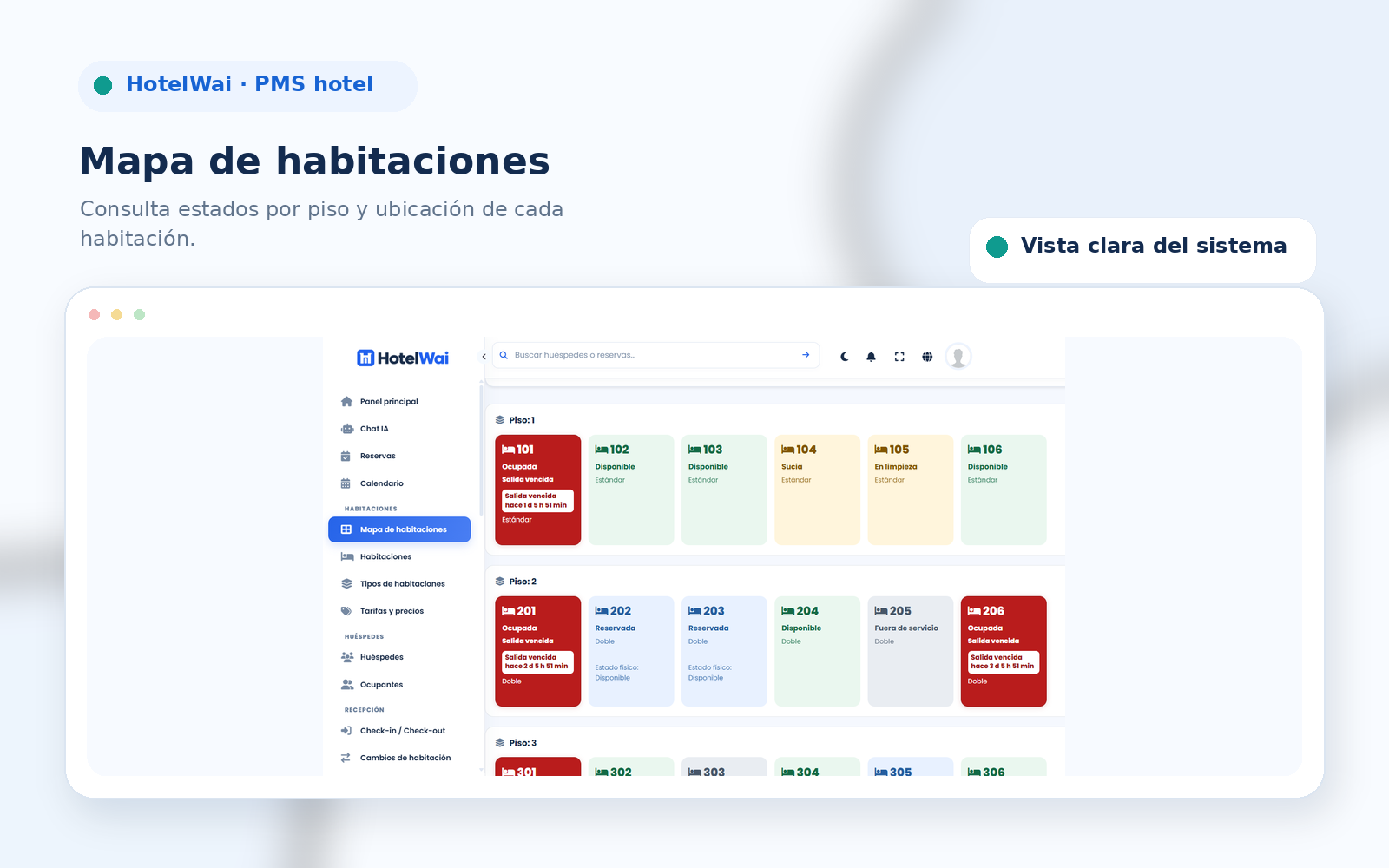 Mapa visual de habitaciones del software HotelWai